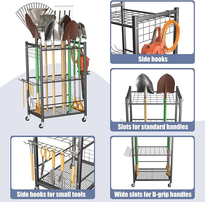 WALMANN Garden Tool Organizer with Wheels for Garage, Rakes/Shovels/Yard Tools Storage Stand for Garden, Yard, Indoor/Outdoor Long-Handled Tools Rolling Cart(Tool stand)
