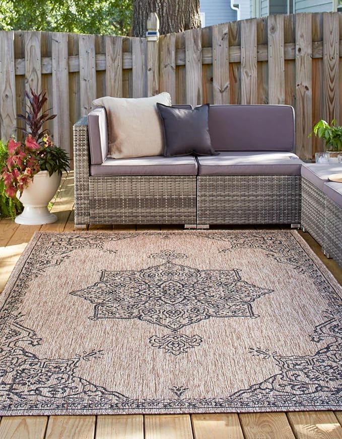 Unique Loom Outdoor Traditional Collection Area Rug - Antique (7' 10" x 10' Rectangle Beige/Black)