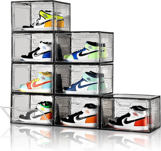 New Gray 8 Pack Shoe Boxes Stackable, Large Shoe Storage Organizer with Lids,Drop Side Shoe Containers for Entryway,Sneaker Storage Fit up to US Size 13 for Men/Women(13’’x 10.6”x 8.3”)