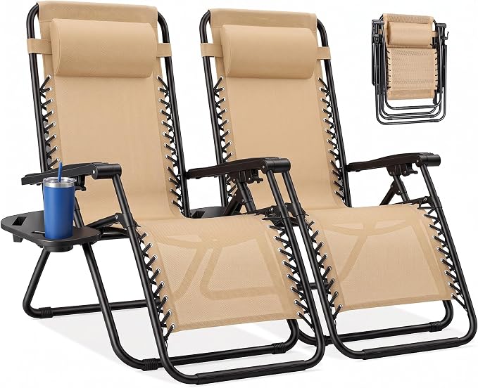 NEWBULIG Zero Gravity Chairs Set of 2, Lounge Chair Folding Portable Adjustable Camping Recliner with Adjustable Pollow, Mesh Back, Cup Holder Trays Lawn Patio Chair for Pool Beach