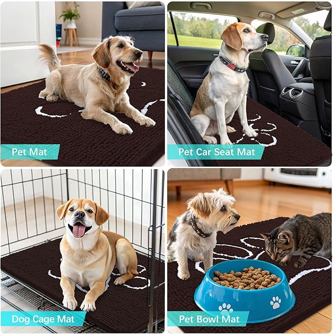 OLANLY Dog Door Mat for Muddy Paws 70x32, Paw Print Design, Absorbs Moisture and Dirt, Absorbent Non-Slip Washable Doormat, Quick Dry Chenille Mud Mat for Dogs, Entry Indoor Entryway Carpet, Brown