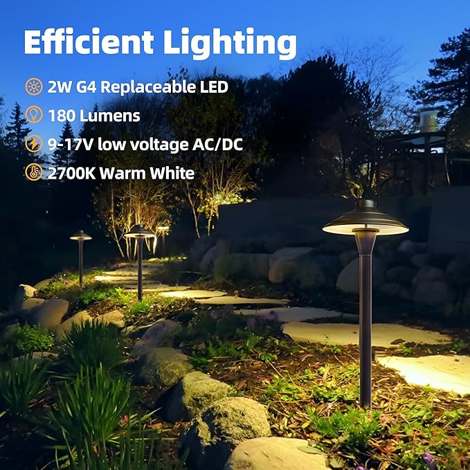 Solid Cast Brass Pathway Lights, 12V Low Voltage Landscape Lighting LED Path Lights with G4 Bulb for Outdoor Walkway, Garden, 23" Tall, 7.5" Shade