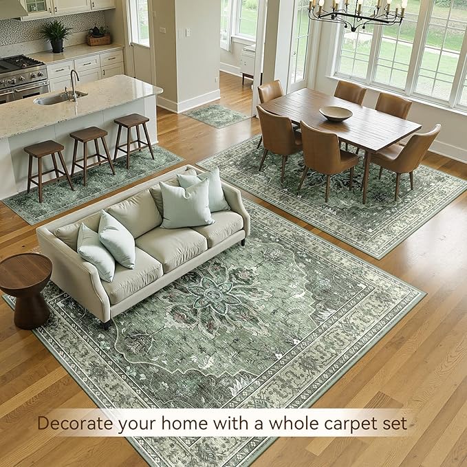 Area Rugs 6'x8' Washable Non-Slip, Floral Vintage Distress Print Pattern Medallion Carpet for Living Room Bedroom Dining Room, Dark Green Gray