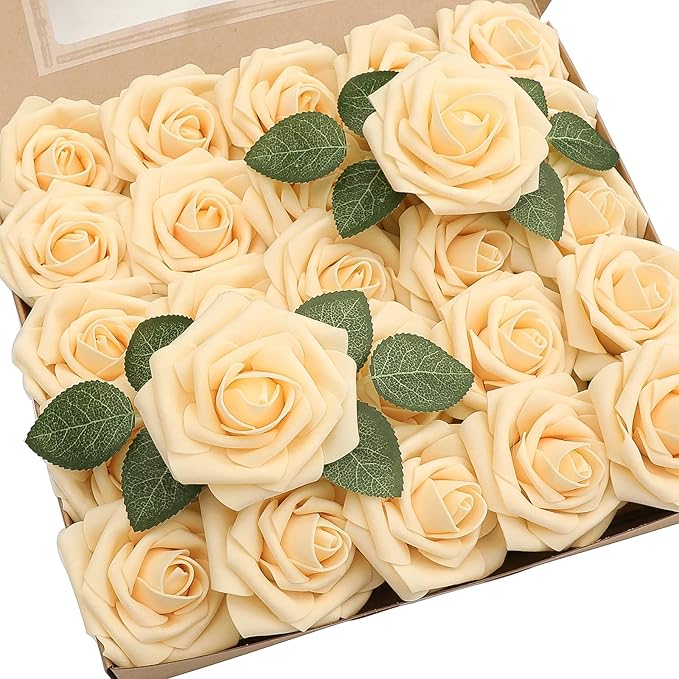 Floroom Artificial Flowers 25pcs Real Looking Creamy Yellow Foam Fake Roses with Stems for DIY Wedding Bouquets Bridal Shower Centerpieces Floral Arrangements Party Tables Home Decorations