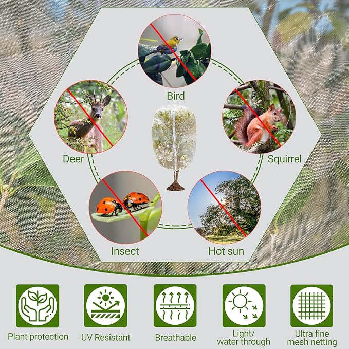 4 Pack Fruit Tree Netting Covers with Zipper & Drawstring – 3.3x4.6FT Ultra-Fine Mesh Garden Netting – Insect & Bird Barrier for Tree, Plant & Crop Protection