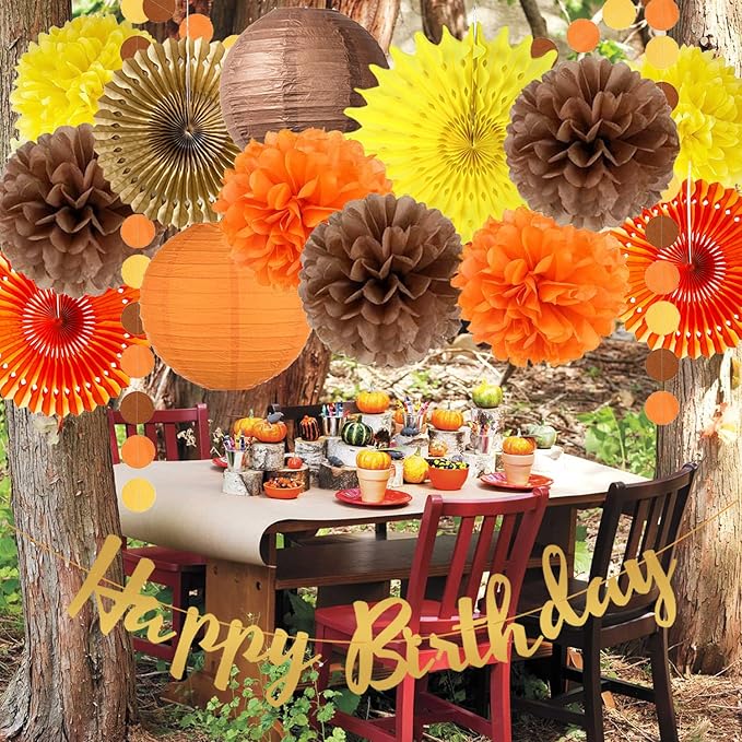 Fall Birthday Decorations Orange Autumn Hanging Paper Fans Orange Brown Yellow Tissue Pom Poms Lantern Circle Dot Garlands Happy Birthday Banner for Baby Shower Fall Harvest Party Decor