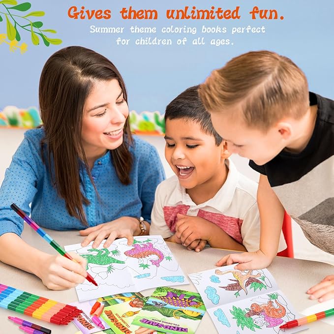 BenLouis 24 Dinosaur Mini Coloring Books Kids with 24 Stacking Crayons Dino Birthday Party Favors Activity Books Bulk for Kids Jurassic Goodie Bag Gift Stuffer Classroom Reward