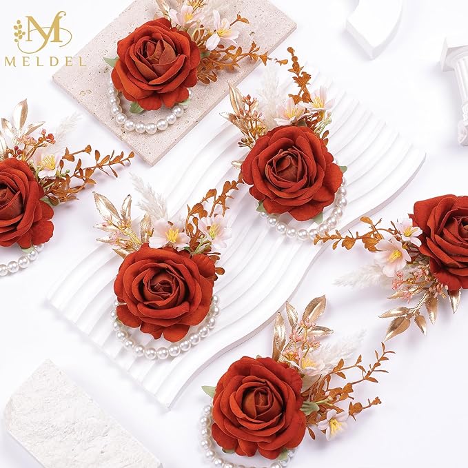 Meldel Burnt Orange Wrist Corsage and Boutonniere Set, Flower On Wrist for Bride Bridesmaid Wedding, Boutonniere for Men Groom Groomsman Wedding Accessories Prom Party Suit Decorations