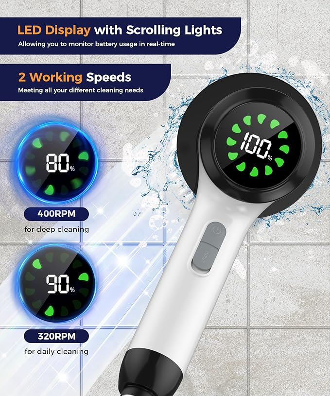 Electric Spin Scrubber, Cordless Cleaning Brush with 7 Replaceable Brush Heads, 2-Speed Adjustable Handle Shower Scrubber, IPX7 Waterproof for Bathroom, Tub, Tile & Floor, Teens, White-qe2...