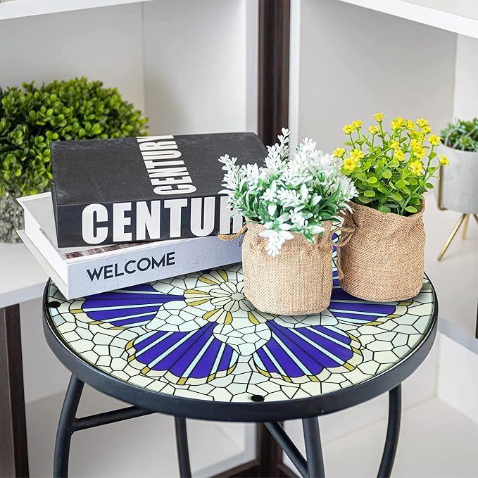 Arbuxzuy 12 Inch Small Outdoor Side Table with Blue Morning Glory, Glass Mosaic Patio Table Indoor, Round Plant Coffee Table for Living Room, Balcony, Garden