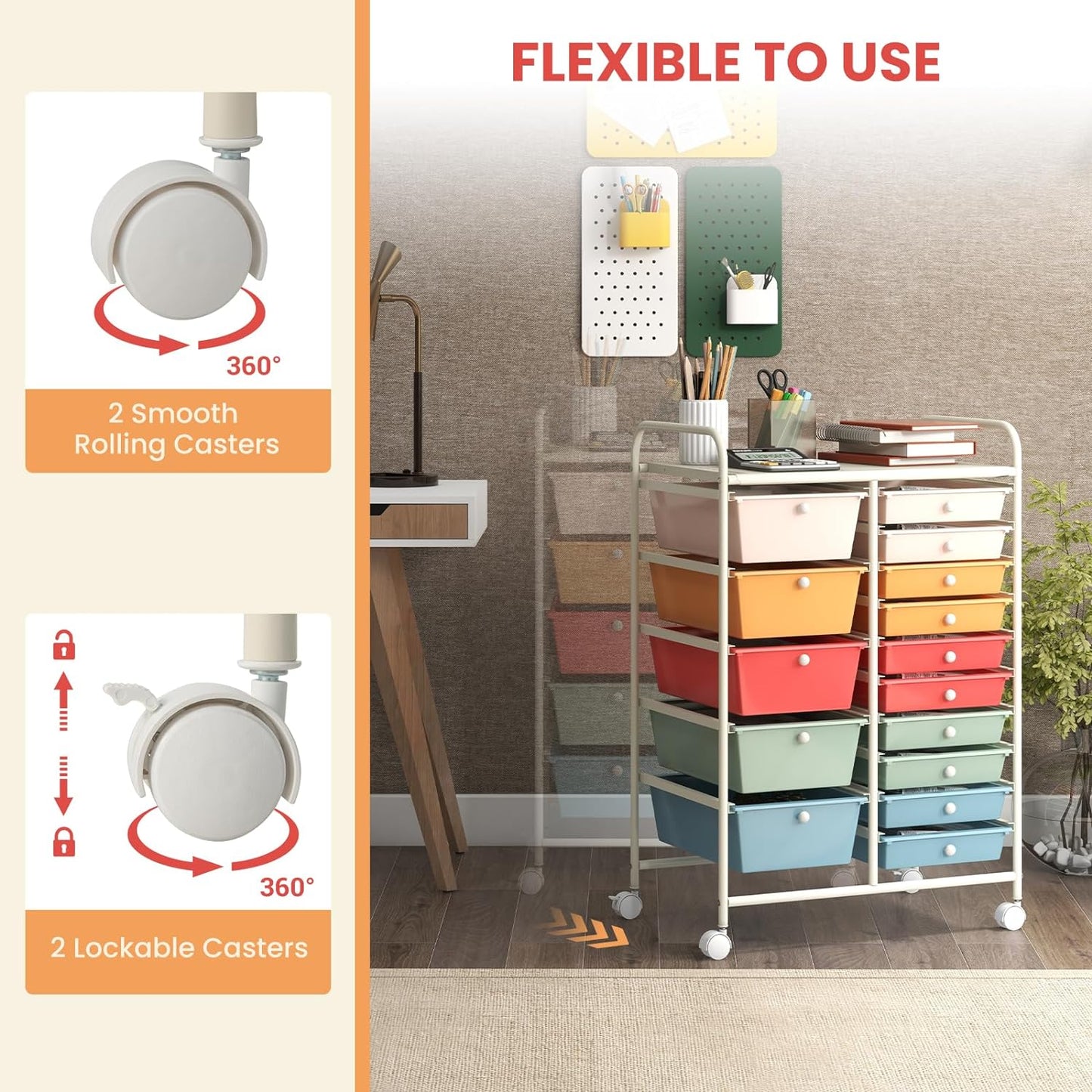 GOFLAME 15-Drawer Rolling Storage Cart, Multipurpose Movable Organizer, Utility Cart for Home, Office, School, Macaron Color
