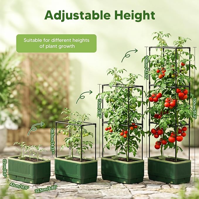 Raised Garden Bed with Tomato Cages，52"/4.3ft Tomato Planter with Trellis,Adjustable Height,Self Watering Planter Box for Vegetables & Climbing Plant Indoor Outdoor Balcony Patio (2)