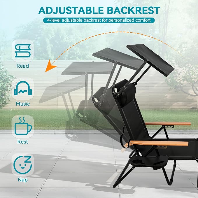 Beach Lounge Chair, Folding Outdoor Chaise Lounge Chair with Arms, 4-Position Backrest, Extended Sun Tanning Chair Pillow & Cup Holder, Patio Lounger for Outside for Beach Pool Patio Yard (Black-U)