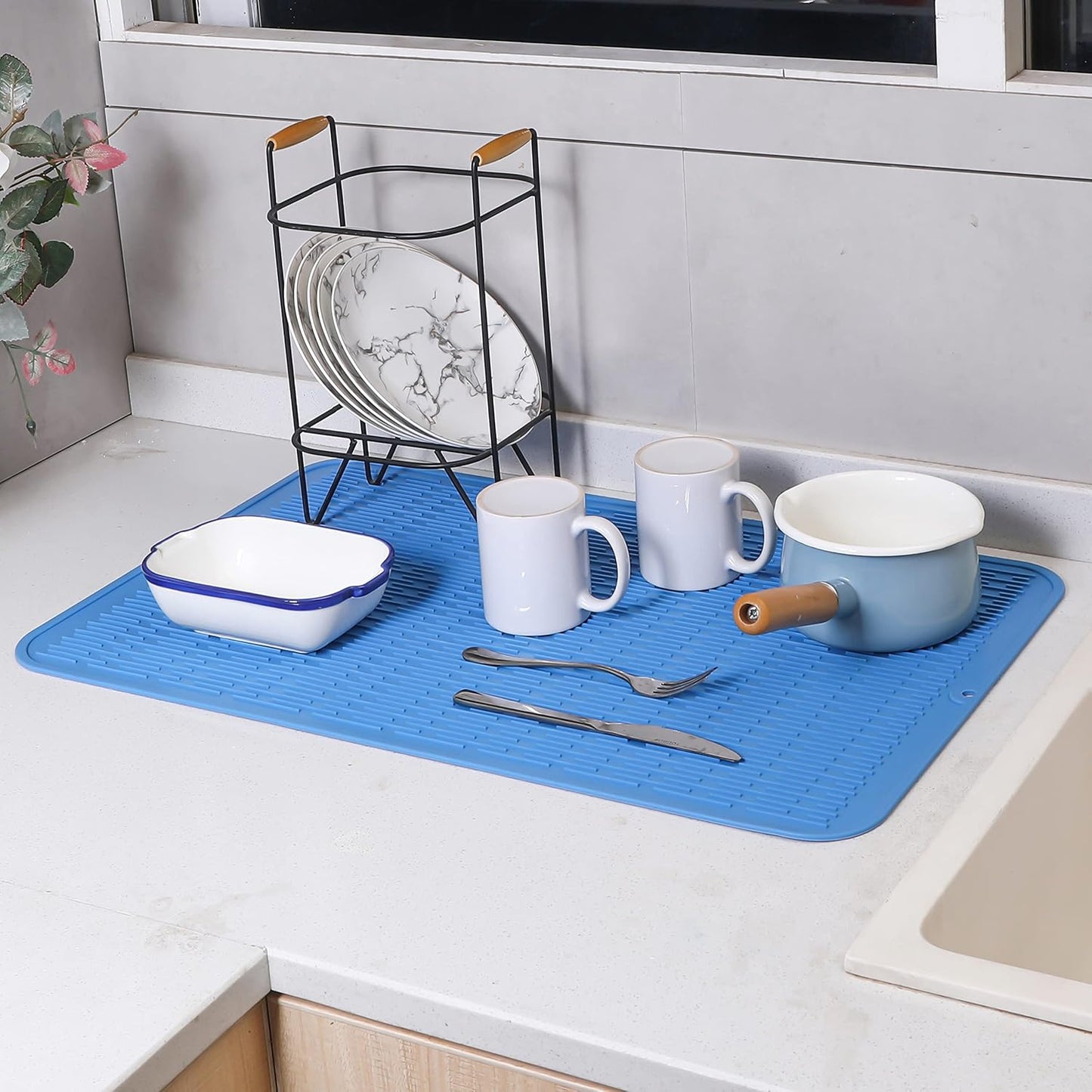 Silicone Dish Drying Mat for Multiple Usage,Easy clean,Eco-friendly,Heat-resistant Silicone Mat for Kitchen Counter or Sink,Refrigerator or Drawer Liner Lichen BlueL 3XL 28 inches x 18 inches