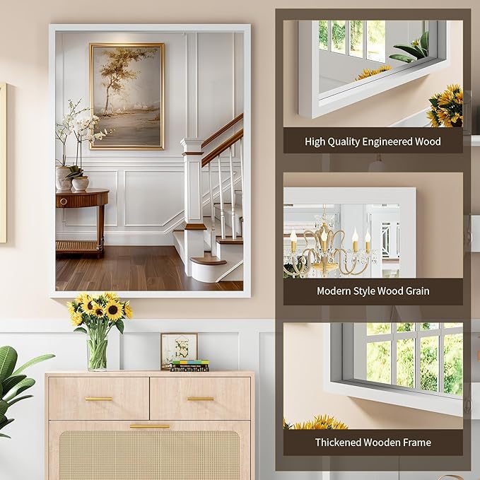 Syndra White Wood Frame Bathroom Mirror, Waterproof Slim Deep Frame,