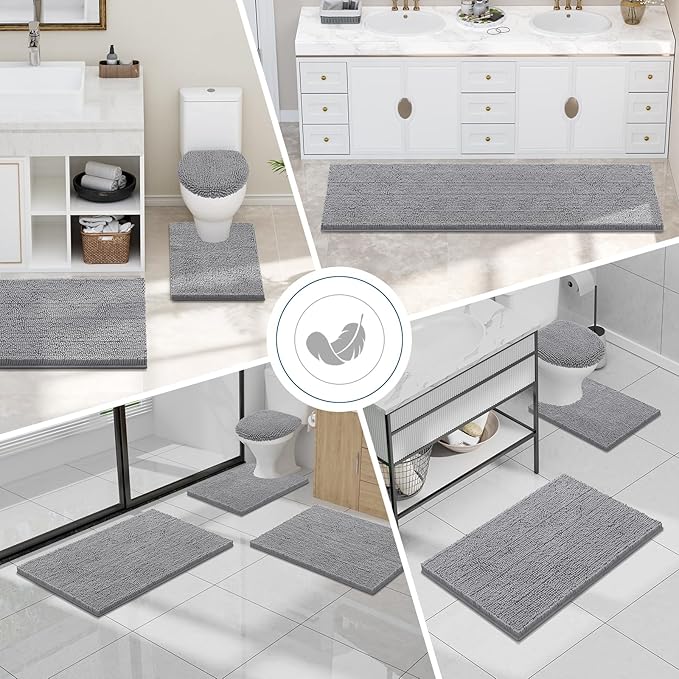Smiry Luxury Chenille Bathroom Rugs 34x21, Extra Soft and Absorbent Shaggy Bath Mat, Machine Washable, Non-Slip Plush Carpet Runner for Tub, Shower, and Floor, Home Decor Accessories, Grey