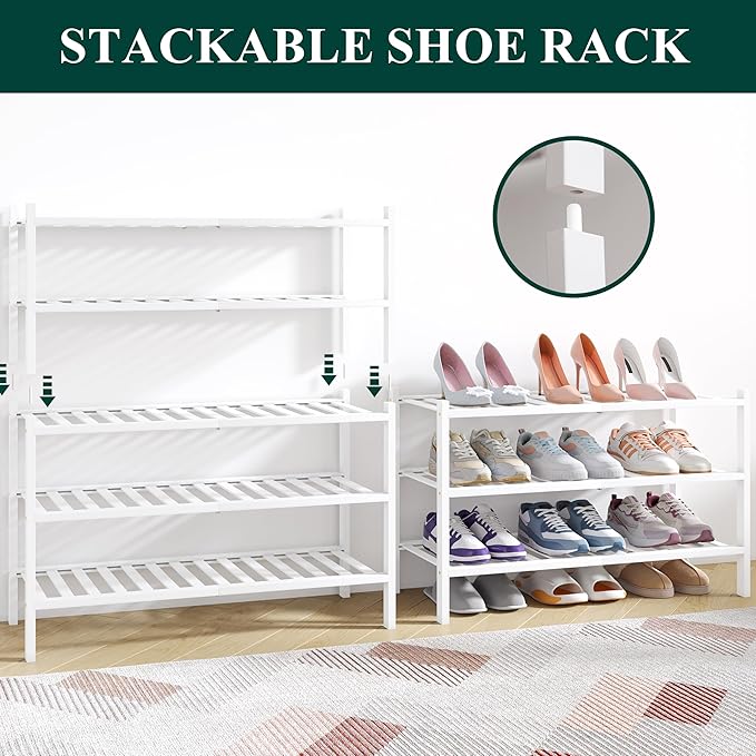 Smiry Bamboo Shoe Rack for Closet, 2 Tier Wooden Stackable Shoe Organizer, Free Standing Shoes Storage Shelf for Entryway, Front Door Entrance, White