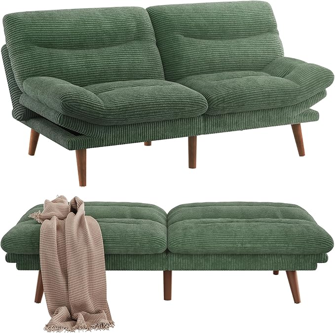 Pipishell Futon Sofa Bed, 66 Inch Corduroy Futon Couch Convertible with Adjustable Backrest and Armrests, Recliner Sleeper Sofa for Small Spaces, Living Room, Office, Guest Room (Green, 66 Inch)