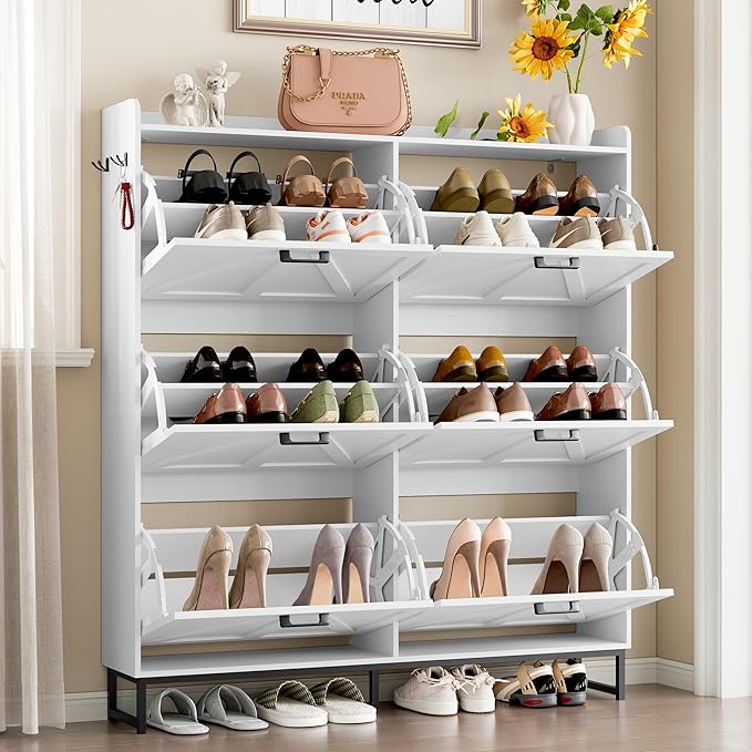 Shoe Cabinet with 6 Flip Drawers Narrow Shoe Storage Cabinet Organizer Wooden Freestanding Shoe Rack Hidden Slim Shoes Storage Cabinet for Entryway, Hallway, Living Room, Bedroom