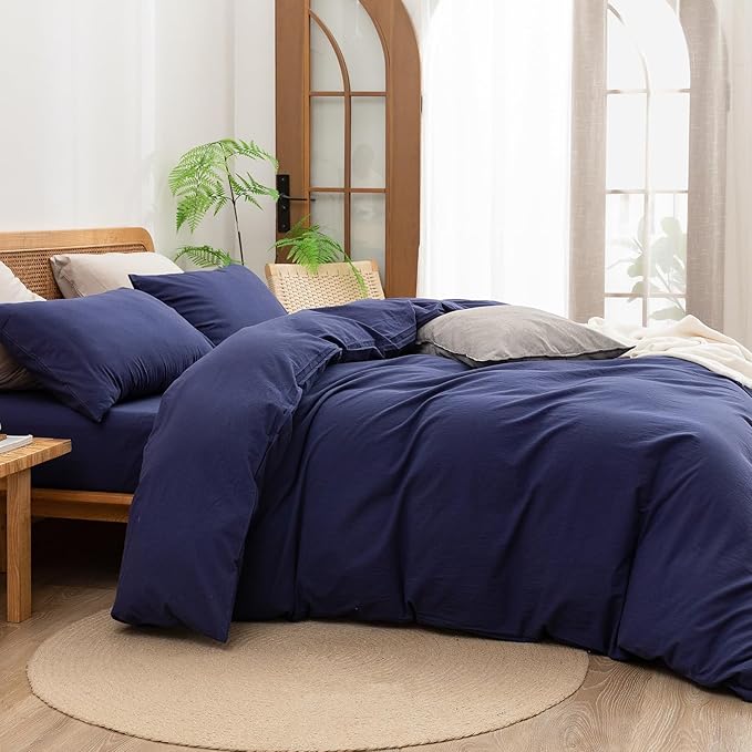 BESTOUCH Duvet Cover Set 100% Washed Cotton Linen Feel Super Soft Comfortable Chic Lightweight 3 PCs Home Bedding Set Solid Navy Blue Cal King