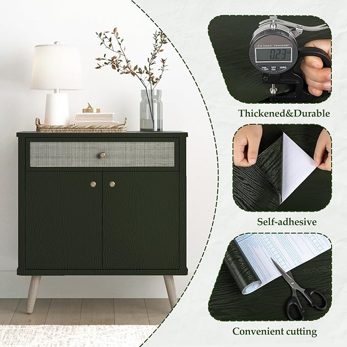 Wood Contact Paper Dark Green Peel and Stick Wallpaper, Thicken No Tear Vinyl