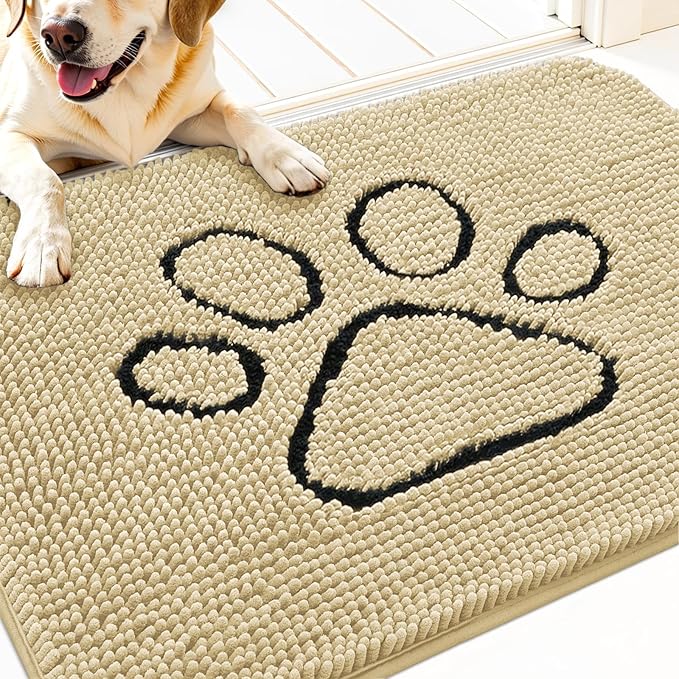 OLANLY Dog Door Mat for Muddy Paws 30x20, Paw Print Design, Absorbs Moisture and Dirt, Absorbent Non-Slip Washable Doormat, Quick Dry Chenille Mud Mat for Dogs, Entry Indoor Entryway Carpet, Sand