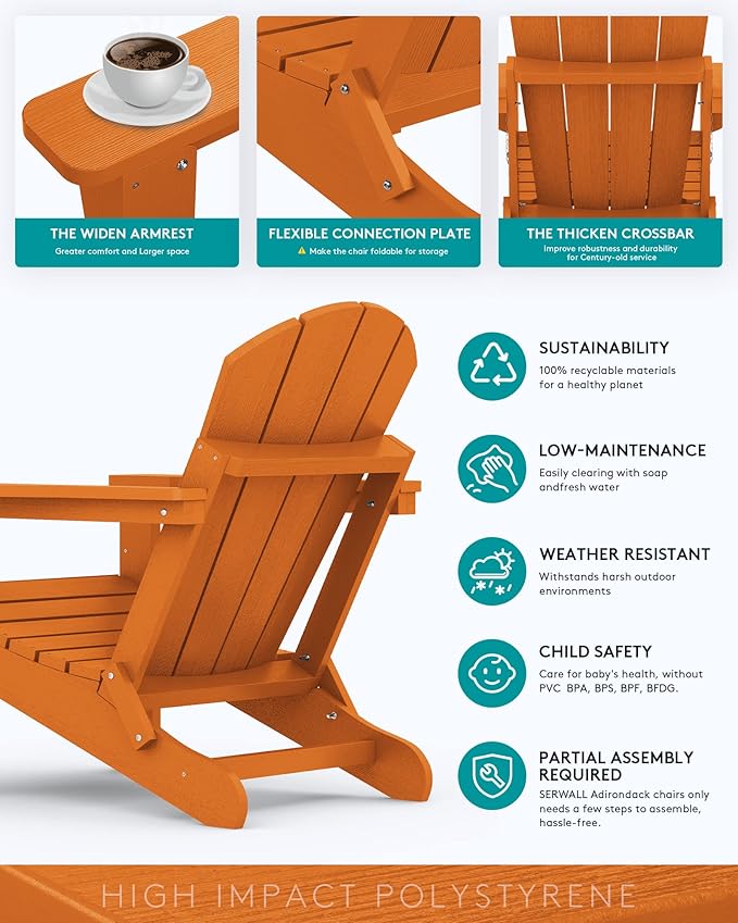 SERWALL Folding Adirondack Chair Set of 4, Weather Resistant HIPS Patio Chairs with Cup Holder for Patio Garden Outdoors Fire Pit Chairs- Orange
