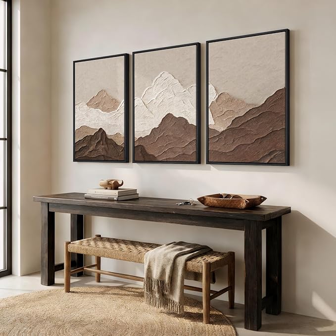 Framed Brown Abstract Mountain Wall Art for Living Room, 3 Piece Large Neutral Landscape Canvas Prints Artwork for Walls, Modern Minimalist Scenic 2D Paintings Bedroom Home Office Wall Decor, 24x36 In