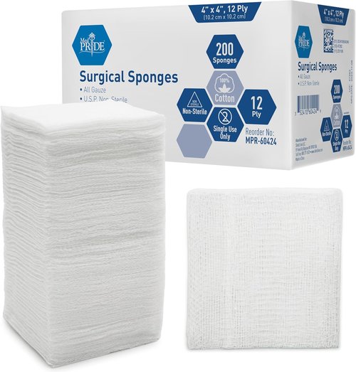 Med Pride 4”x 4” Surgical Sponges - 200 Extra Absorbent Gauze Pads for Wound Care & First Aid