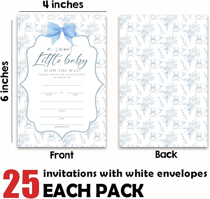 Baby Shower Invitations, A Sweet Little Baby Is On The Way 25 Blue Floral Invites With Envelopes For Baby Girl, Gender Reveal, Baby Shower Favor And Supplies-A02