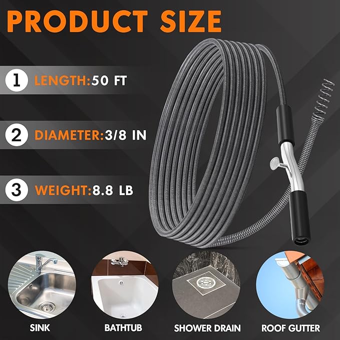 50 ft Drain Auger Plumbing Snake for Heavy Deep Blockages 3/8" Diameter Flexible Plumbing Cables Drain Snake for Kitchen Bathroom Shower Sink Cleaning Drainage Clogs