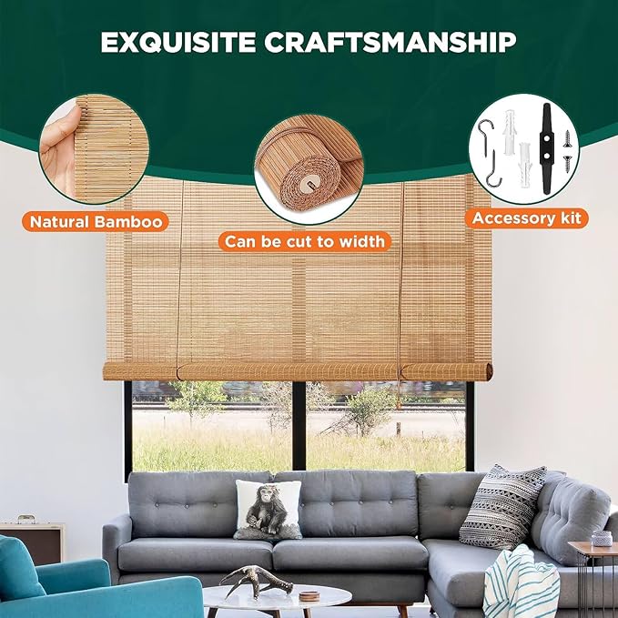 Bamboo Blinds for Interior Windows, Custom Roller Shades for Indoor Window and