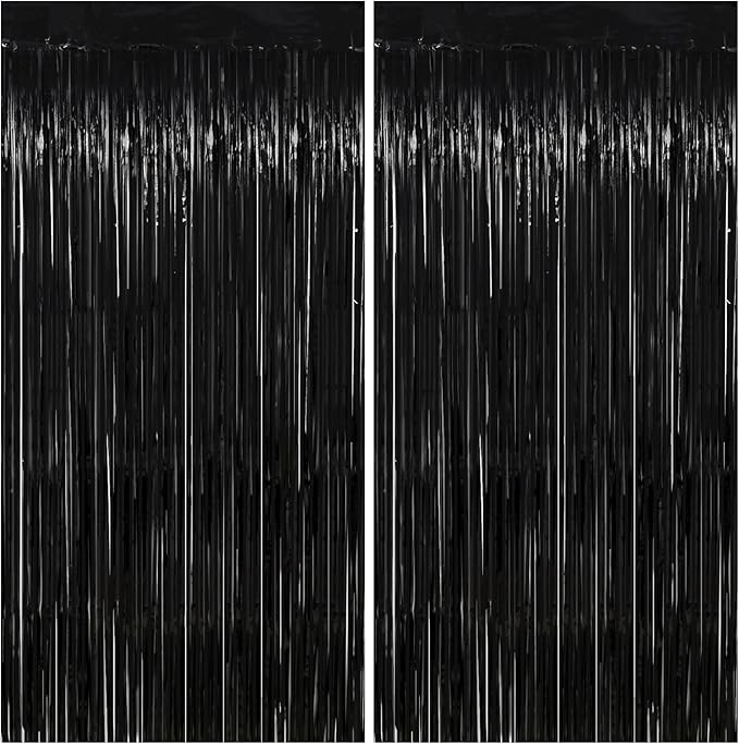 Thicken Black Streamers 2 Pack 3.2 x 8.2 FT, Black Tinsel Backdrop Curtains, Foil Fringe Photo Backdrop for New Years, Halloween, Retirement, Bachelor Party Decorations, Birthday Decorations for Men