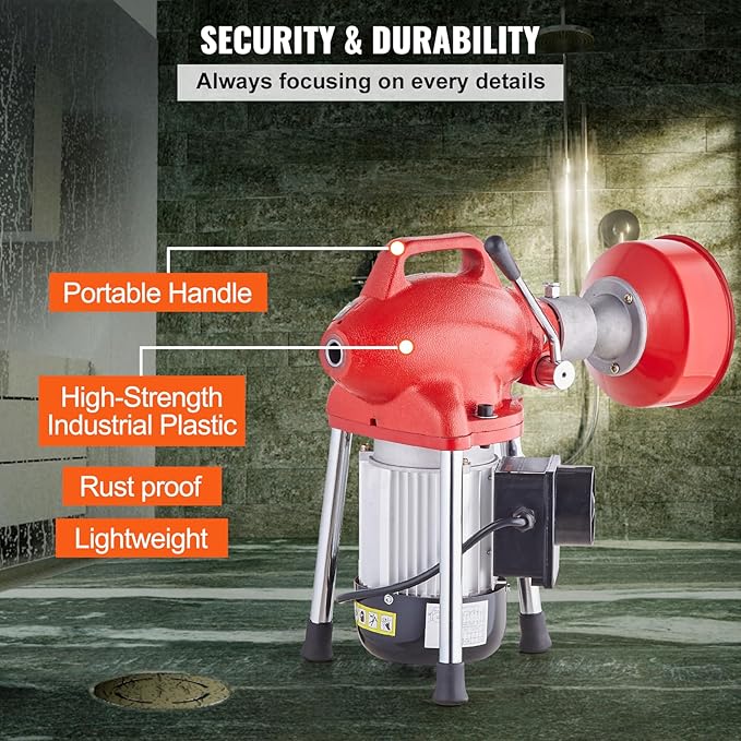VEVOR Drain Cleaner Machine 120FT x 5/8 Inch, 370W Electric Sewer Snake Auger Manual Feed - with 2 Sectional Steel Cables(120' x 5/8" and 23' x 3/8"), 7 Cutters and CW/CCW Control for 1.6" to 4" Pipes