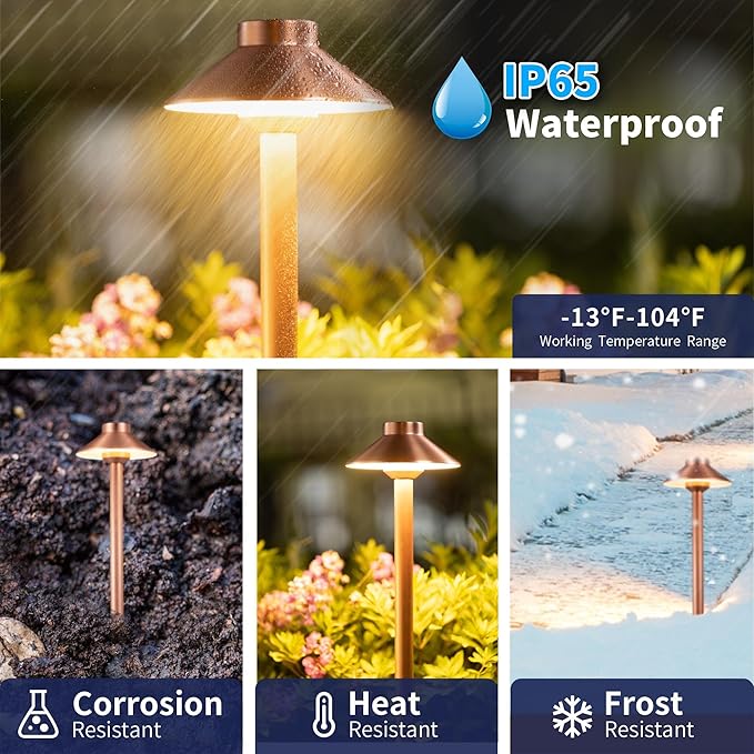 Low Voltage Landscape Path Light Solid Brass, 3 Color Temp Selectable LED Driveway Lights Waterproof, Hat Shaped 12V Wired Copper for Walkway Garden with 3W 270LM G4 Bulb (12 Pack)