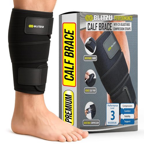 BLITZU Calf Brace - Adjustable Neoprene Compression Sleeve for Torn Calf Muscle | Pain Relief for Runners, S-M
