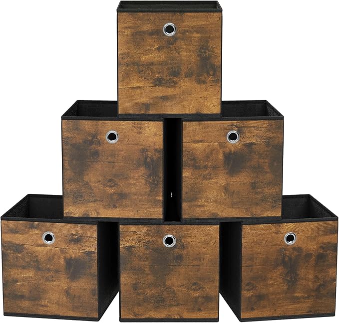 SONGMICS Storage Cubes, Set of 6 Storage Bins with Handles, Foldable Oxford Fabric and Non-Woven Fabric Storage Boxes, 13x13x13 Inches, Fit Cube Storage Unit, Rustic Brown URFB133B01