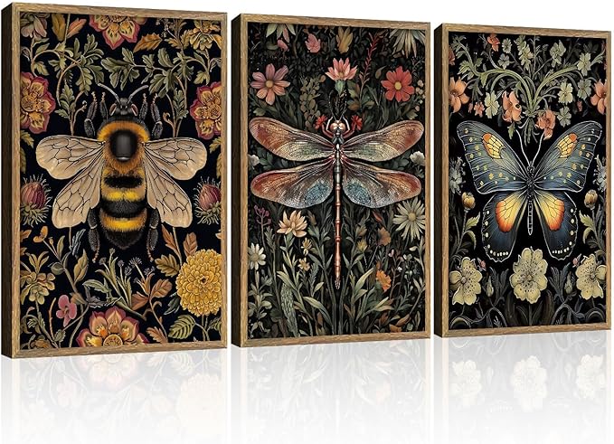 3 Pcs Framed Retro Insect Wall Art Decoration Paintings