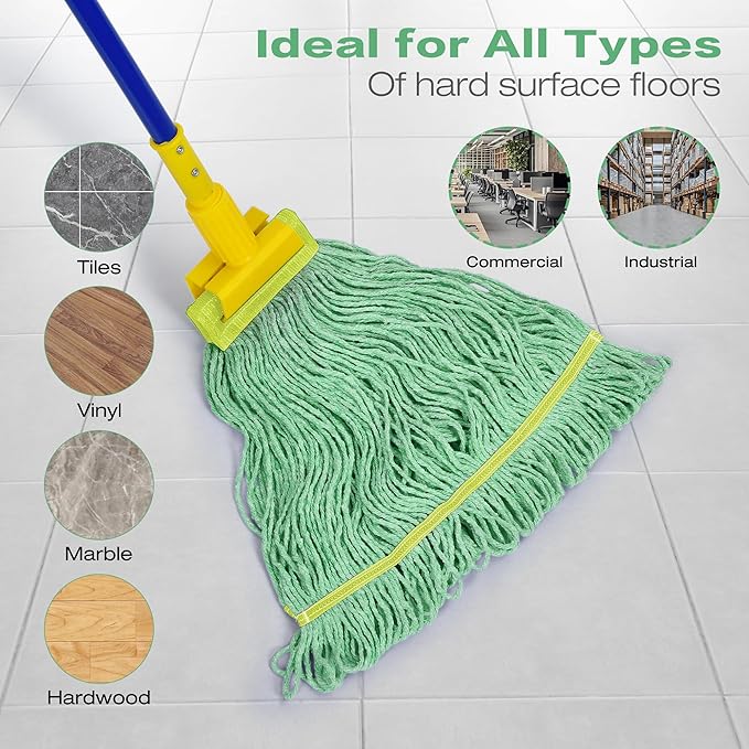 Matthew Cleaning 12Pcs 5'' Headband White&Orange&Green 24Oz Commercial String Mop Heads, Loop-End Mop Head Replacement, Heavy Duty Industrial Washable&Reusable Mop Refills for Residential& Warehouse