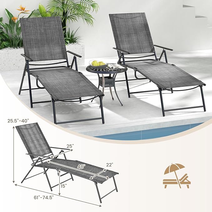 Giantex Lounge Chair Outdoor Set of 2 - Tanning Chair with 6 Adjustable Backrest, 2-Level Footrest, Folding Sunbathing Lounger for Patio, Poolside, Yard, Chaise Lounge Chair, Beach Chair (Grey)