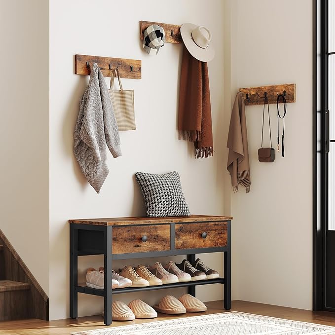 Hall Tree with Bench and Shoe Storage, Entryway Bench with Coat Rack, 4-in-1 Coat Rack Shoe Bench, Multifunctional, for Front Door, Hallway, Foyer, Rustic Brown and Black MT05BR