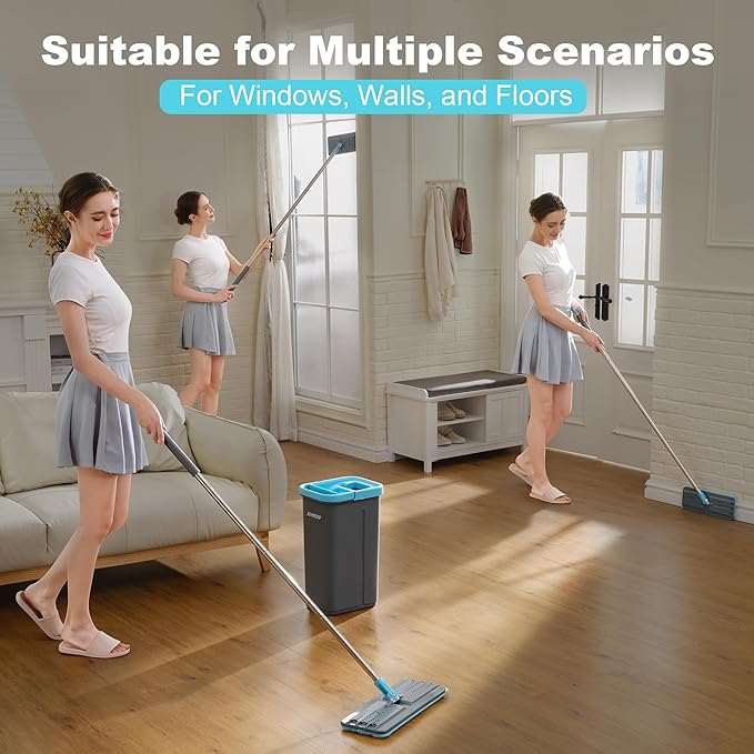JOYMOOP Mop and Bucket Set with Wringer, with 3 Reusable Microfiber Mop Pads, Mops for Floor Cleaning and Wall Cleaning, Hands-Free Flat Mop for Home Use - Grey+Cyan Blue