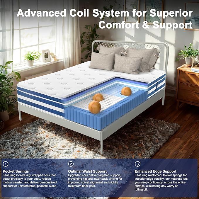 Full Mattress, 12 Inch Hybrid Full Size Mattress in a Box with Gel Memory Foam and Pocket Springs, Medium Firm Mattresses for Pressure Relief & Motion Isolation & Edge Support, Non-Fiberglass