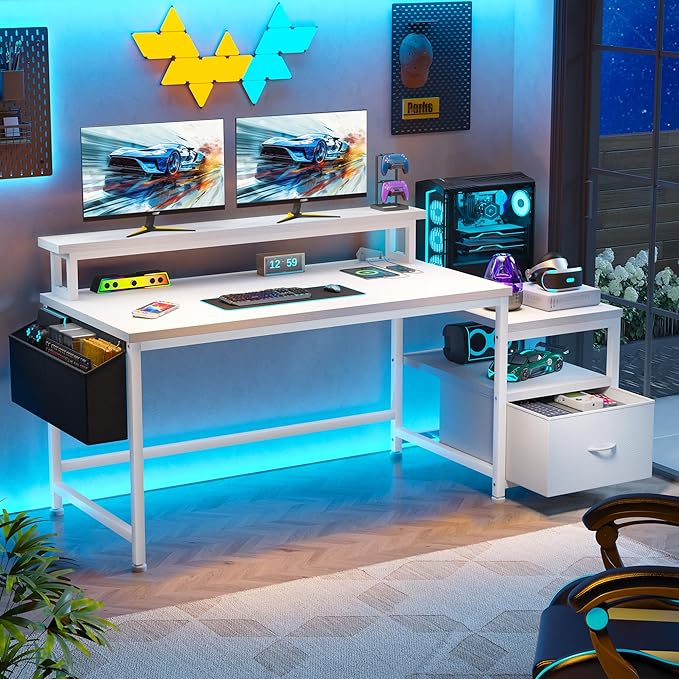 EnHomee 57" Office Desk with Drawers and Printer Space,Computer Desk with Power Outlets,Home Office Desks with File Drawers Cabinet,Study Writing and Gaming Desk with Shelves Monitor Stand,White