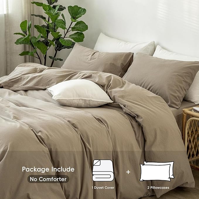 MooMee Bedding Duvet Cover Set 100% Washed Cotton Linen Like Textured Breathable Durable Soft Comfy (Solid Mocha Brown, Super Queen 90"x98")