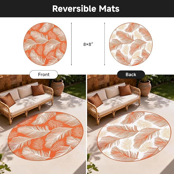 Pauwer Waterproof Outdoor Rug 8ft, Reversible Plastic Straw Patio Camping Rug, Indoor Outdoor RV Mat Carpet for Deck, Camper, Porch, Balcony, Backyard, Picnic, Leaf Orange