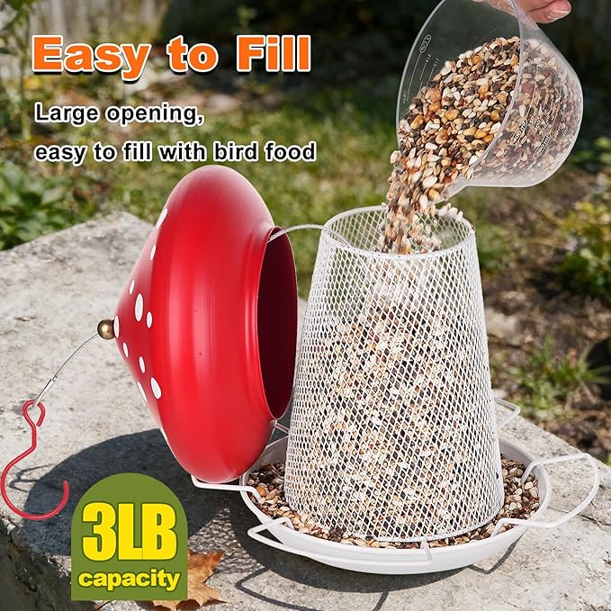 Bird Feeder, Heavy Duty Metal Bird Feeders for Outdoor Hanging, Cute Mushroom Shape Wild Birdfeeder for Outside Garden Yard (Red)