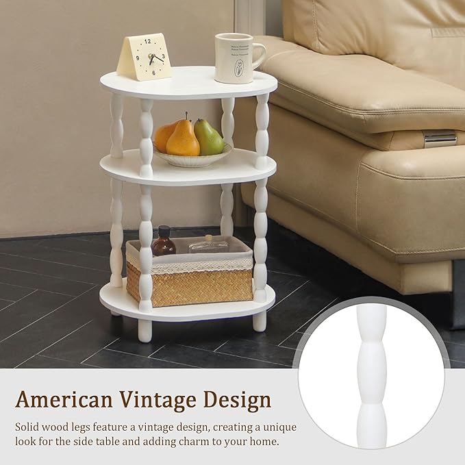 MaxSmeo White Side Table, 3-Tier Small Oval End Table, Modern Night Stand Wood Accent Table for Living Room, Bedroom, White