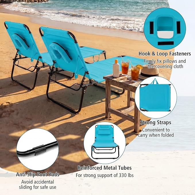 GYMAX Tanning Chair, Folding Lounge Chairs with Face Hole & Cover, Removable Pillow Carry Handle, Portable Compact Outdoor Layout Recliner for Beach, Poolside, Lawn, Patio, Camping (Turquoise,2)