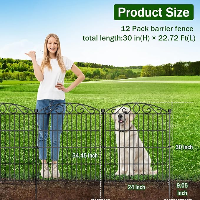 Garden Fence 12 Panel - 30in H x 22.72 ft L, No Dig Rustproof Metal Tall Animal Barrier for Dogs Rabbits, Decorative Outdoor Border for Yard, Patio, and Flower Beds